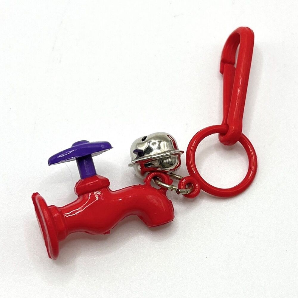 Vintage 80s Bell Charm Clip Red Purple Spigot Faucet Plastic Toy Jewelry